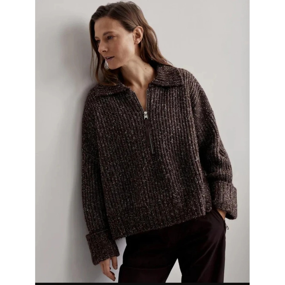 Varley Amelia Half Zip Knit Wool Blend Sweater Brown Flecked Boucle Size Small